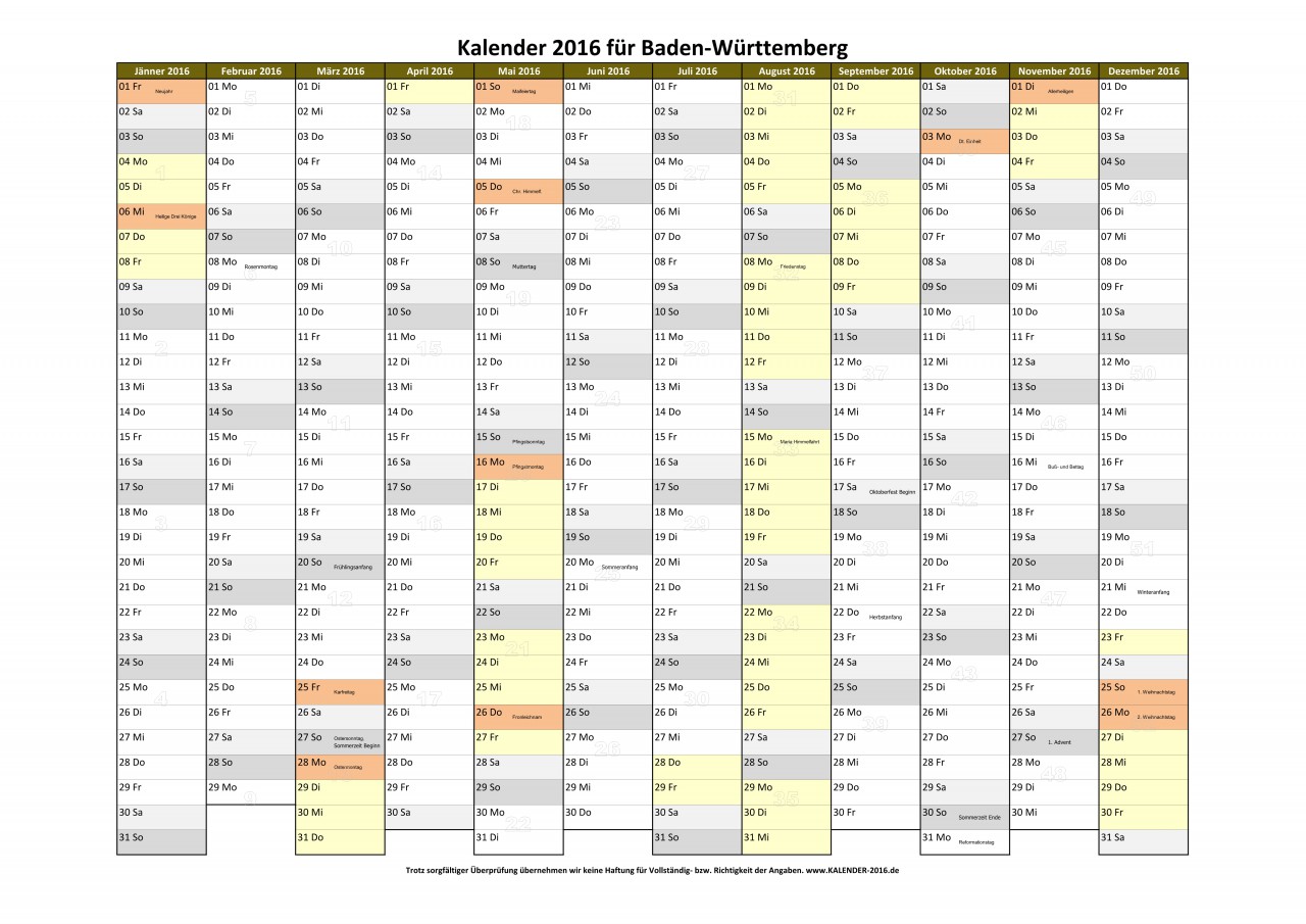 Kalender-baden Württemberg 2016 - A3 Quer - Kalender 2016