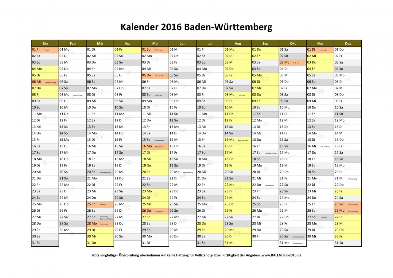 Kalender-Baden Württemberg 2016 - A4 Quer - KALENDER 2016